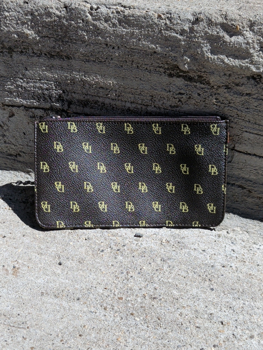 Dooney & Bourke Brown and Yellow Logo Zip Clutch Wristlet